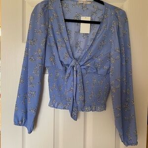 Love Tree Blue Puff Sleeve Tie Front Blouse